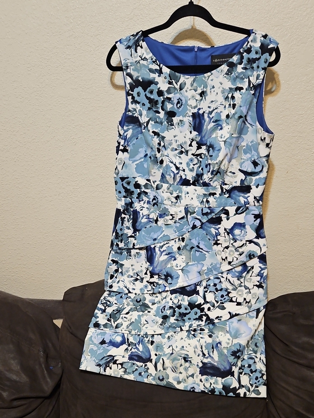 connected apparel Blue and White Floral Tiered Midi Dress